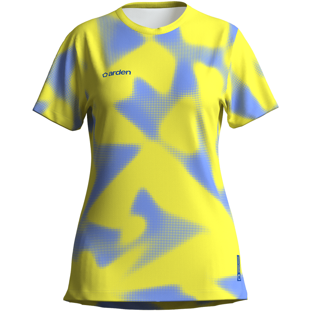 Maillot femme personnalisé jaune et bleu pour sports de raquette