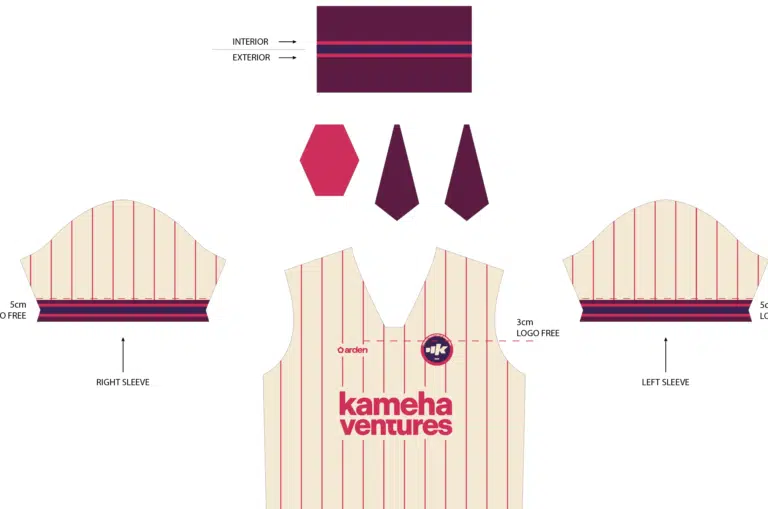 Patron vectoriel à plat d'un maillot de sport crème à rayures rouges, détaillant la face avant et les manches avec le sponsor Kameha Ventures.